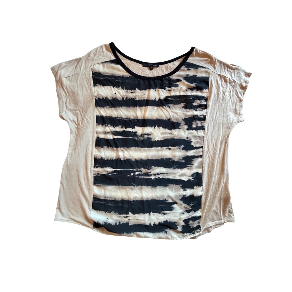 B'leev Womens XL Mixed Media Blouse Black White Abstract Stripe Zipper Pocket